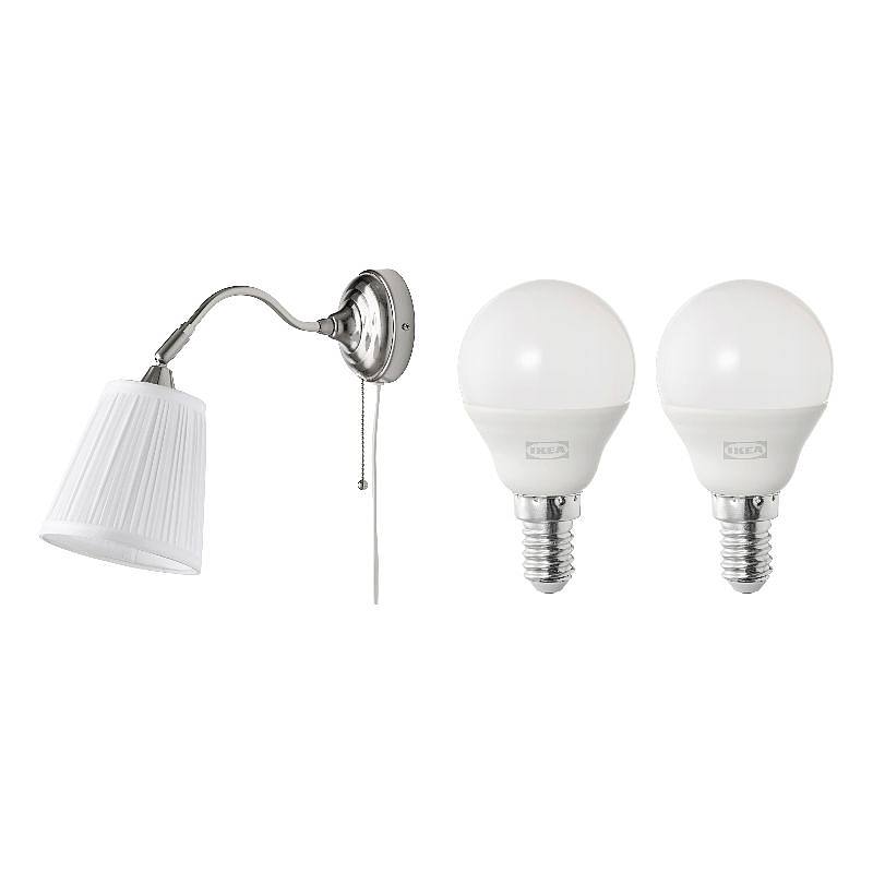 SOLHETTA/ÅRSTID set: wall lamp + LED bulb E14 470 lumen, nickel-plated/white + globe opal white, Depth 38 cm