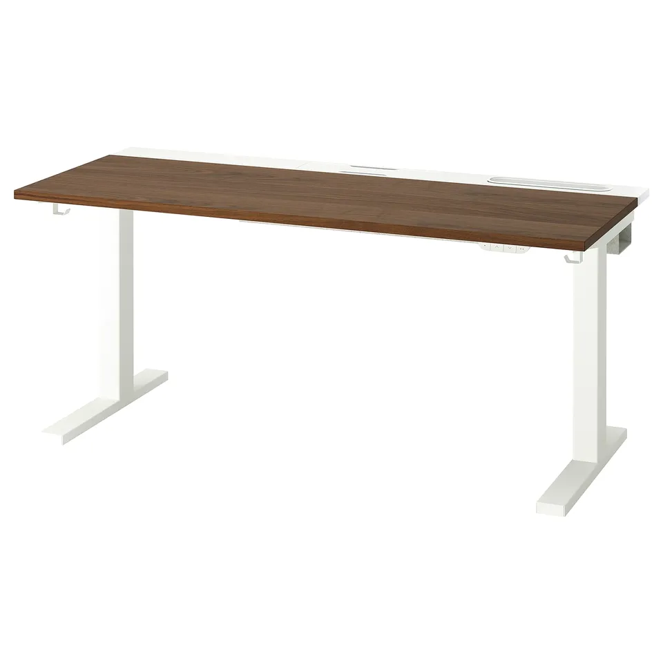MITTZON adjustable desk with walnut top & white legs.
