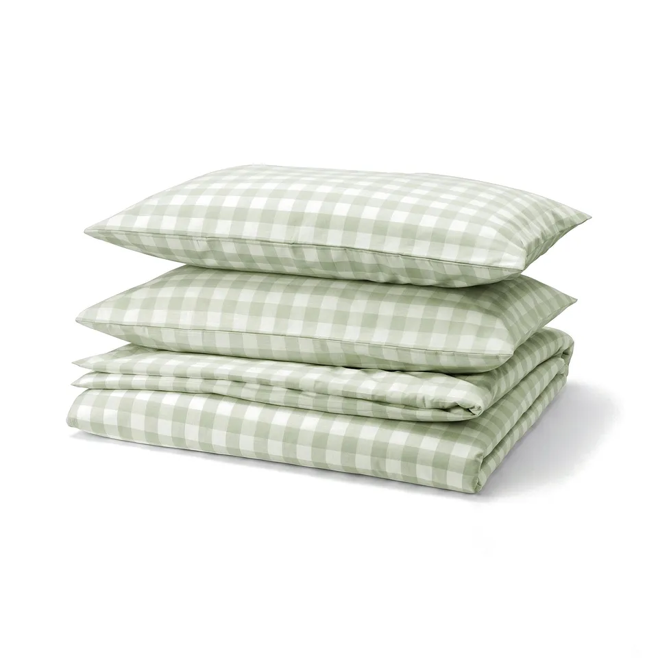 EKTANDVINGE bed set: grey-green gingham check, 4 pieces, 100% organic cotton, rectangular shape, soft natural material.