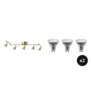 BAROMETER/SOLHETTA set: ceiling track, 5-spots + LED bulb GU10 230 lumen x2, brass-colour, Length 131 cm