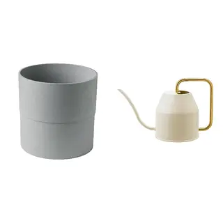 NYPON/VATTENKRASSE set: plant pot + watering can, in/outdoor grey + ivory/gold-colour