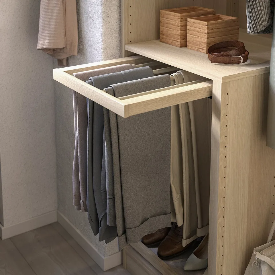 KOMPLEMENT trouser hanger: wooden, grey pants, organised, pull-out drawer, natural finish.