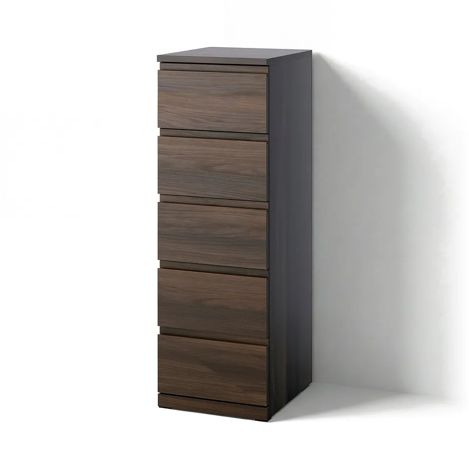 STORKLINTA chest: tall, dark wooden drawers. Modern, clean lines. Safe, wall-anchored. Five large, smooth drawers.