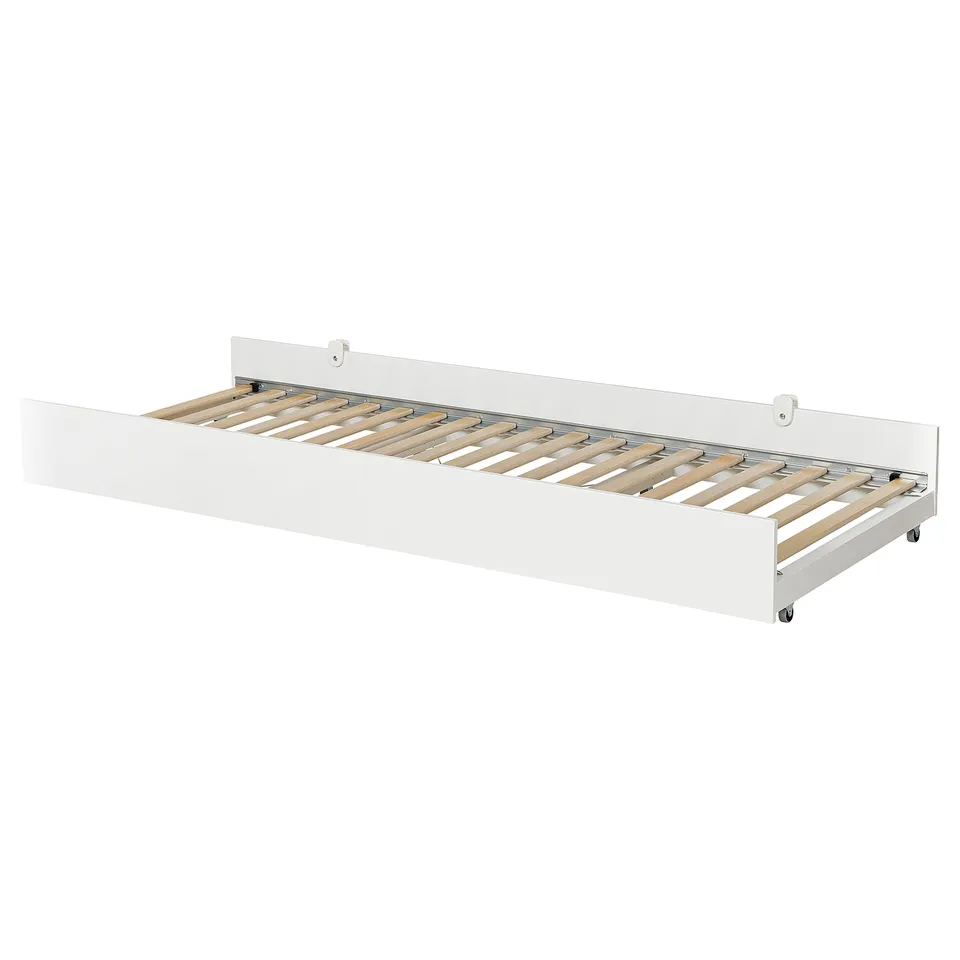 VIHALS white trundle bed base, wooden slats, modern design.