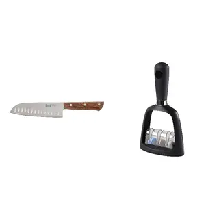 SKÄRANDE/VARDAGEN set: santoku knife + knife sharpener, stainless steel/walnut + black, 16 cm