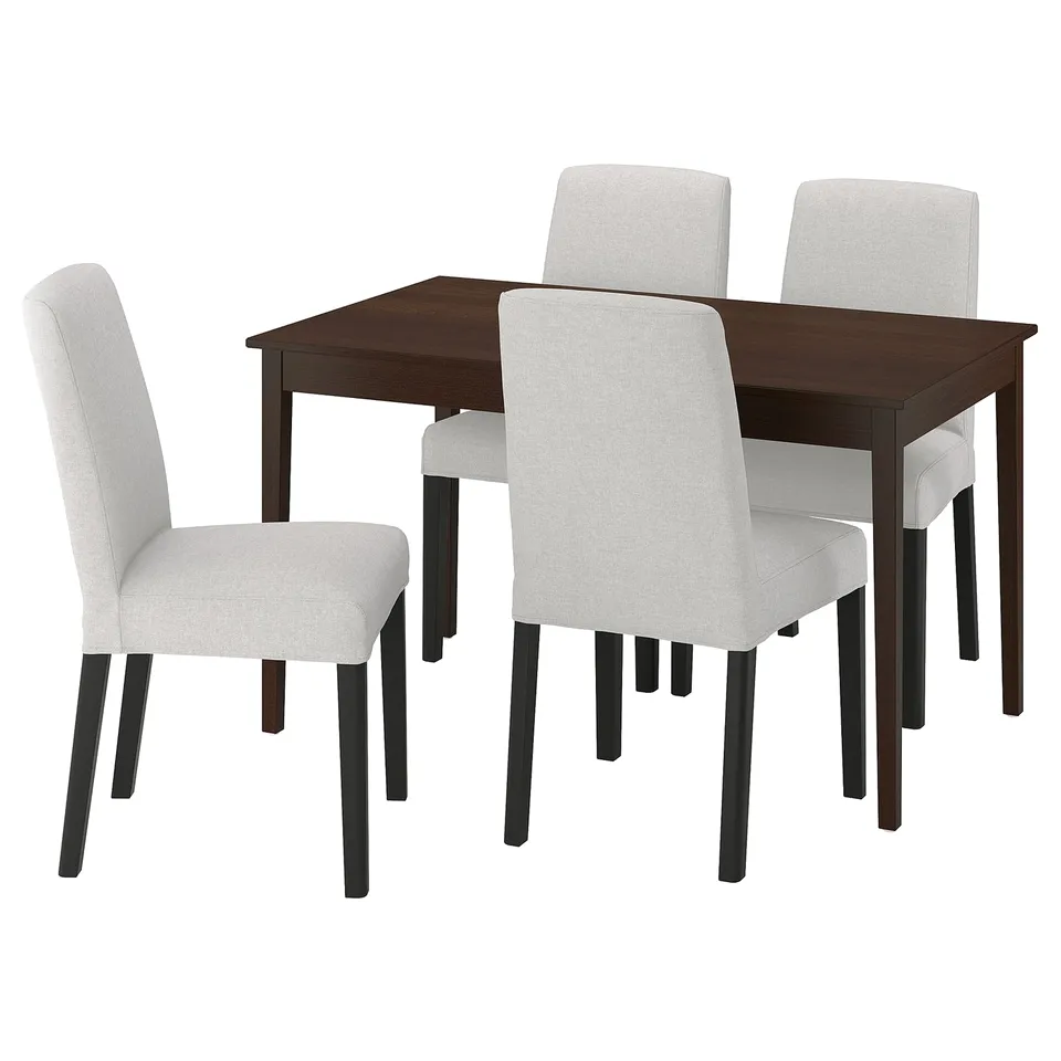 A NÄSINGE dining set with a dark brown table and beige chairs with upholstered seats and backs.