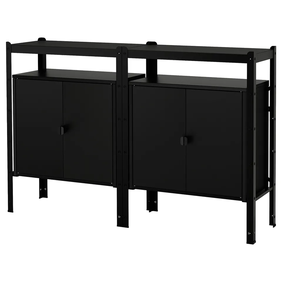 A black BROR storage unit with two cabinets and a shelf. The modern design includes metal framing and doors, perfect for various rooms.
