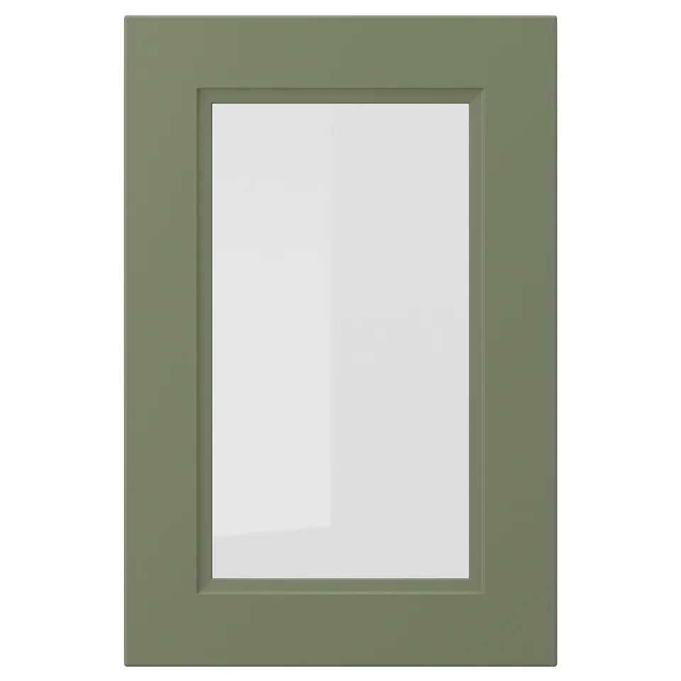 AXSTAD green rectangular glass door, matte finish, soft lines, inset glass panel, modern traditional design.