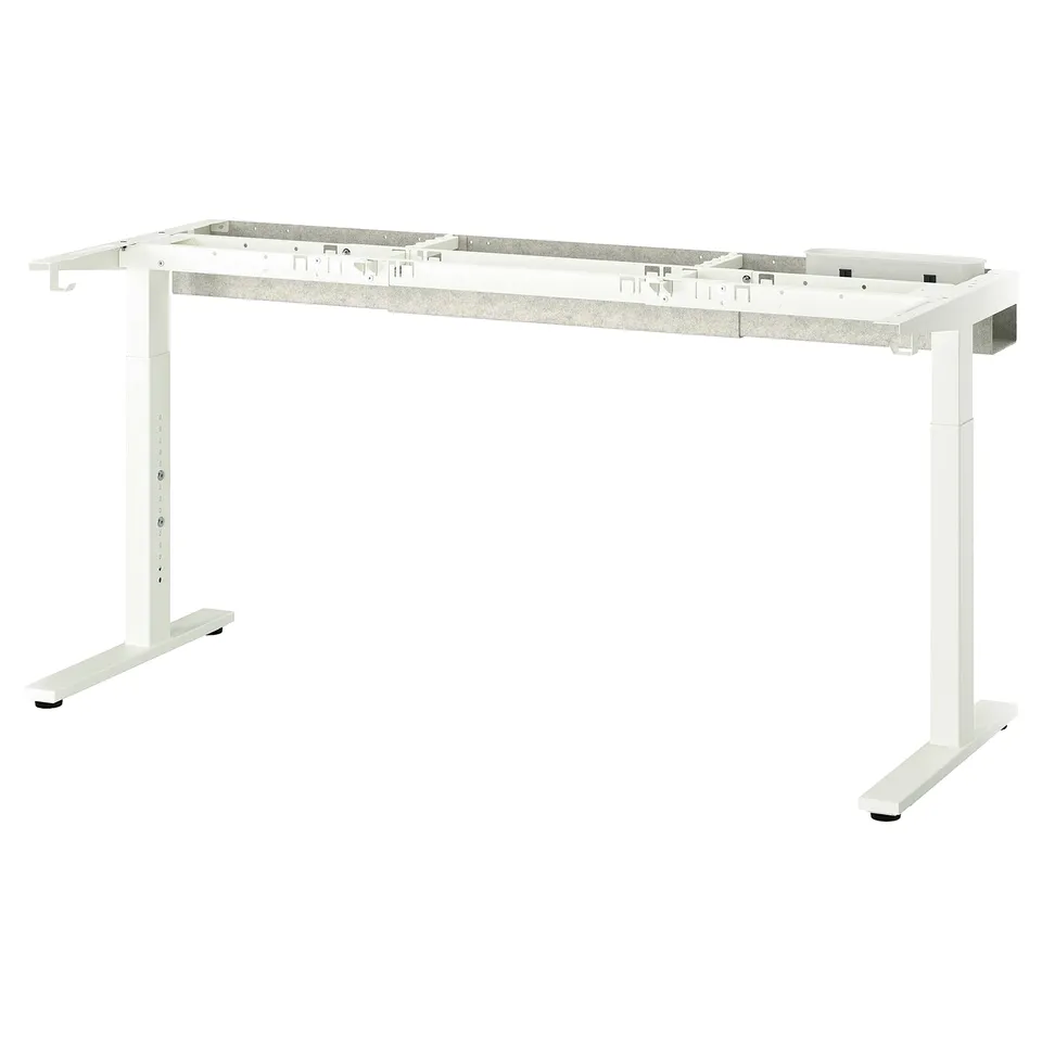 MITTZON white adjustable desk frame, minimalist design with powder-coated steel, ready for tabletop.