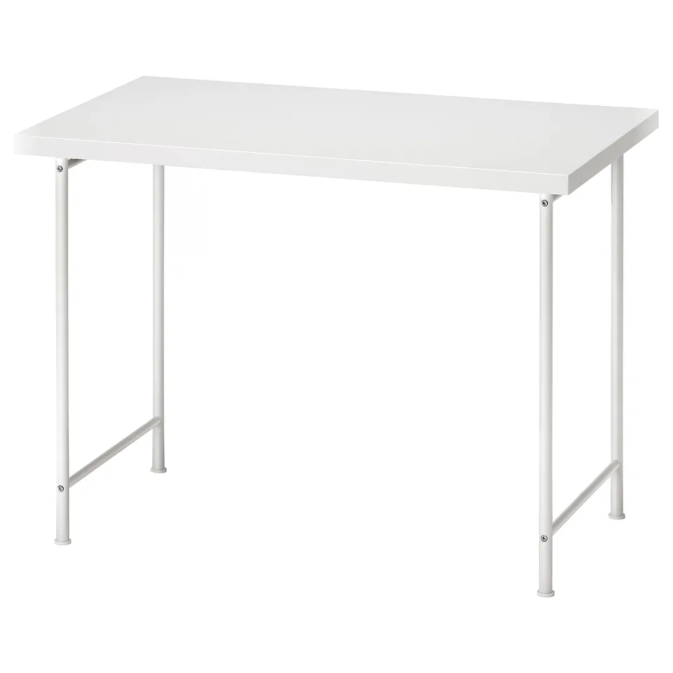 A white LINNMON desk with a sleek design. The desk has a rectangular white top and four angled metal legs for stability.