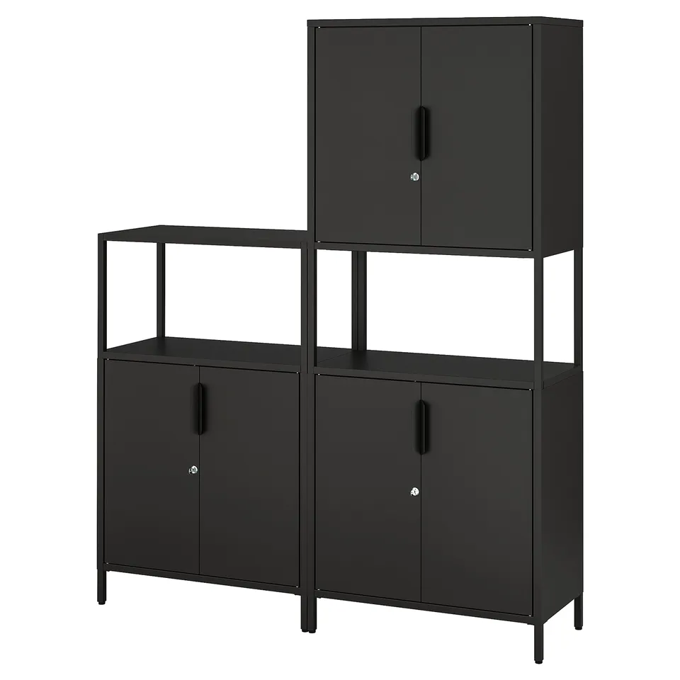 A TROTTEN black metal storage cabinet with adjustable shelves.