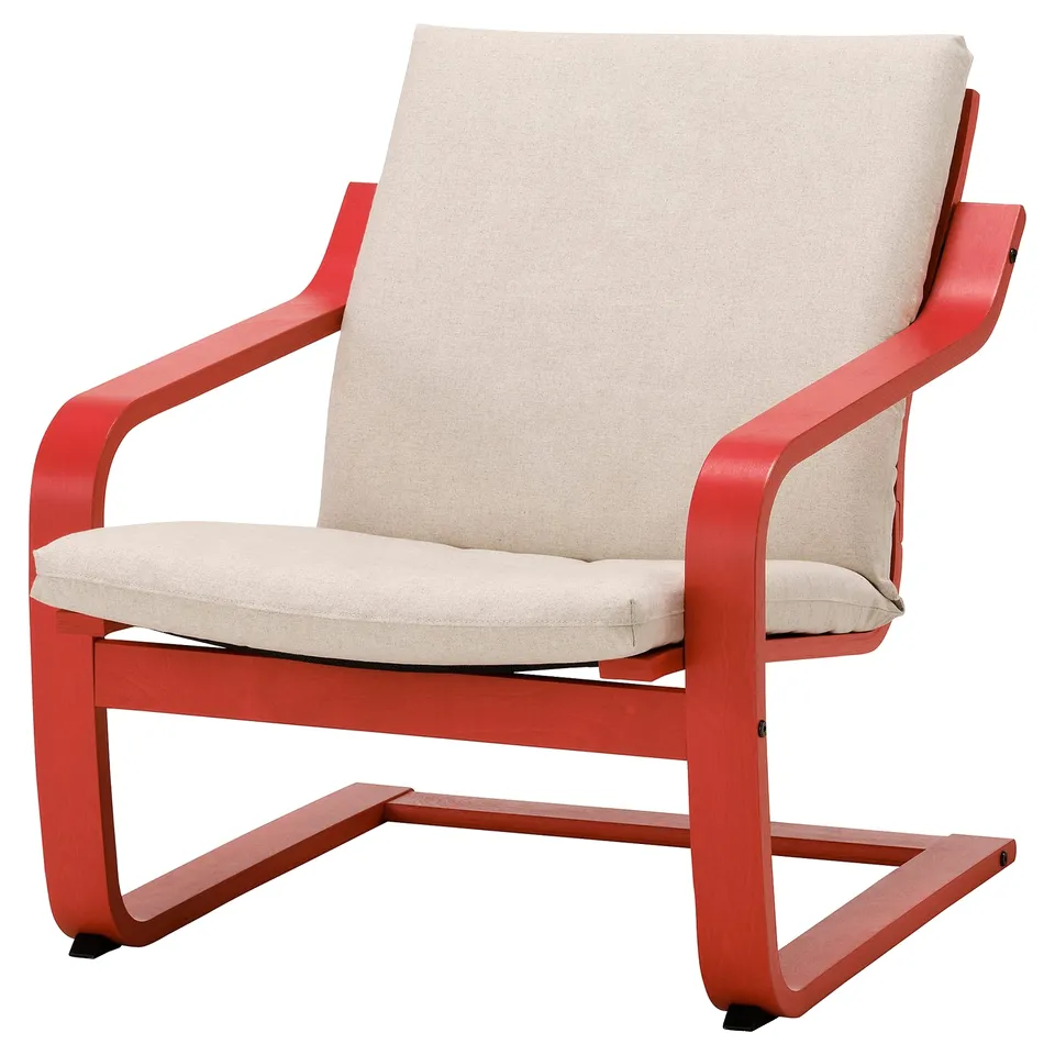 Red chair with beige cushion, curved frame, modern design.