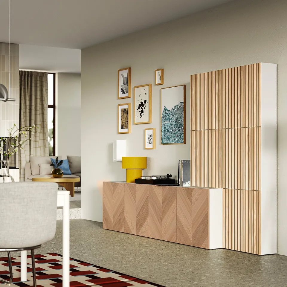 BESTÅ Storage combination with doors, white Hedeviken/Björköviken oak veneer, 300x42x193 cm