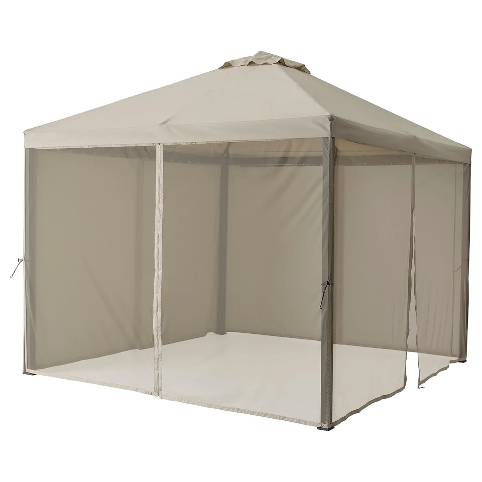HIMMELSÖ tan gazebo with mesh sides, offering shade and weather protection.