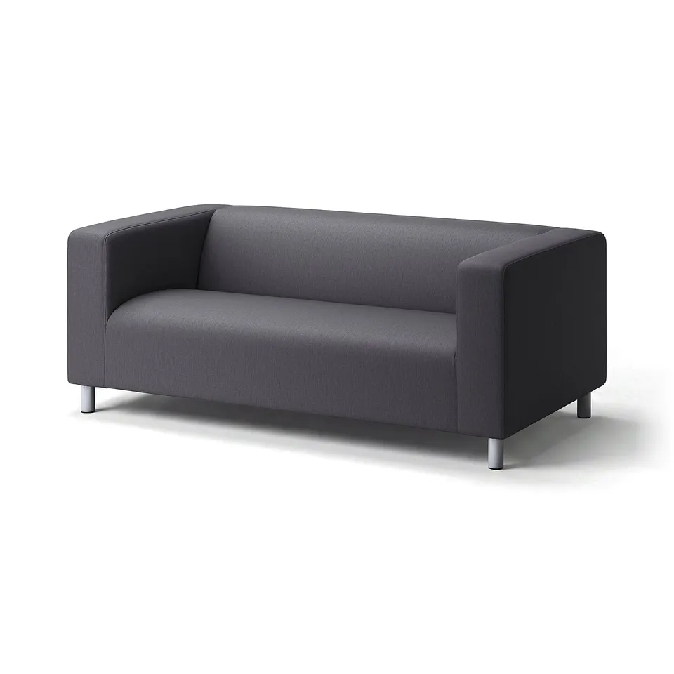 KLIPPAN modern sofa: dark grey, recycled polyester, two-tone fabric, low profile, four legs.