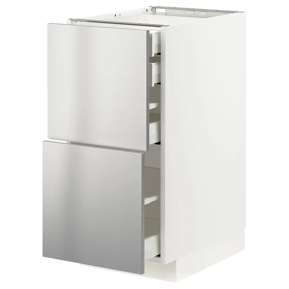 Modern white stainless steel kitchen cabinet with sleek, handle-less drawers.