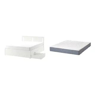 SONGESAND/VALEVÅG Bed with 24cm thick mattress, pocket sprung, foam,5 comfort zones, extra firm, white/Lönset + extra firm/light blue, Length 207 x Width 163 cm