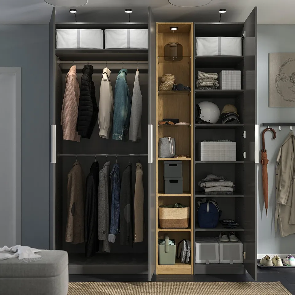 PAX / FORSAND Wardrobe combination, dark grey dark grey/oak effect, 185x60x236 cm
