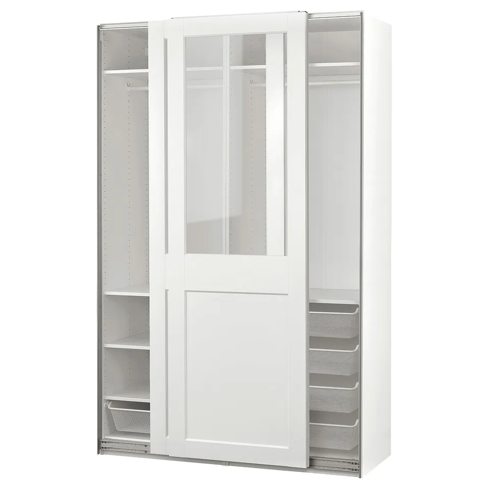 A white PAX wardrobe with sliding glass doors, featuring shelves and mesh drawers.
