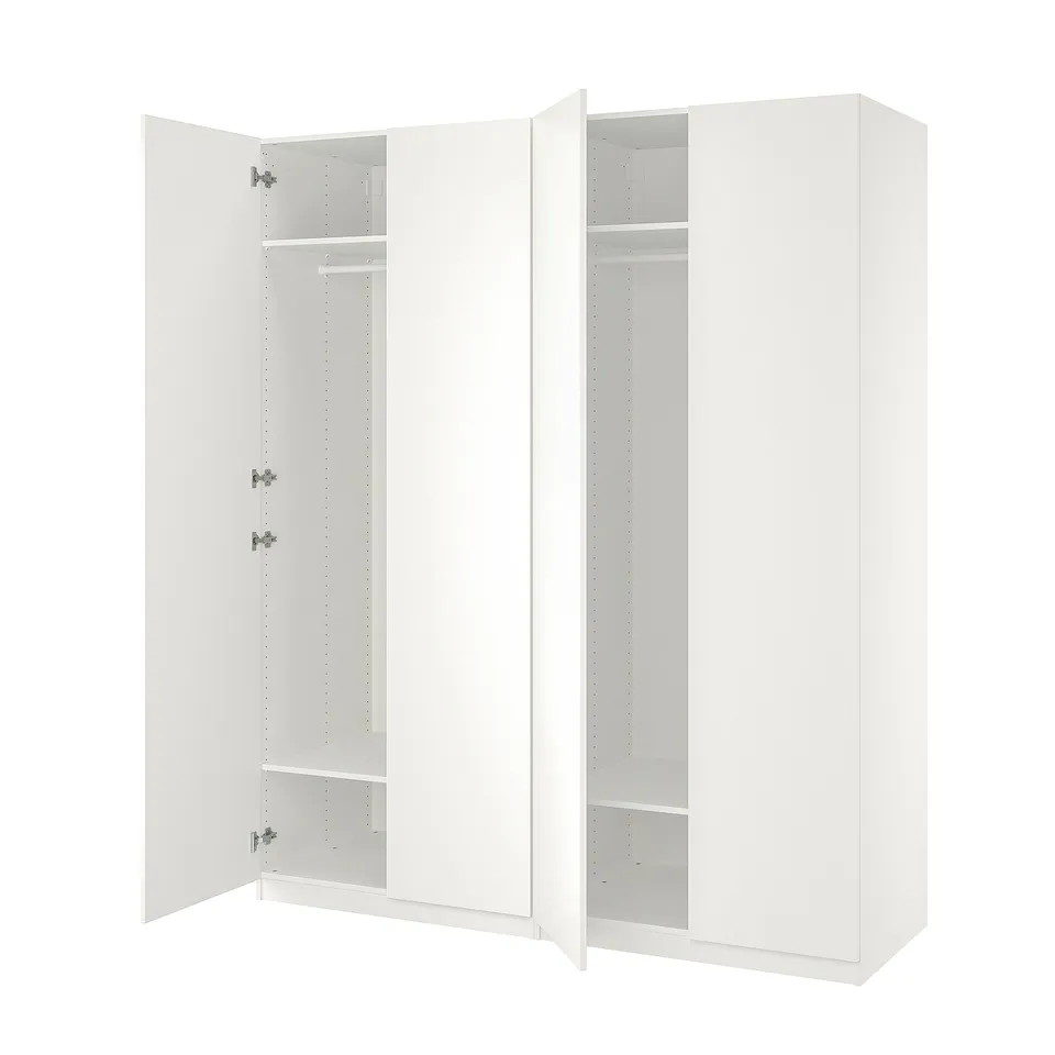 White PAX wardrobe with open doors, showing internal shelves and hanging rail.