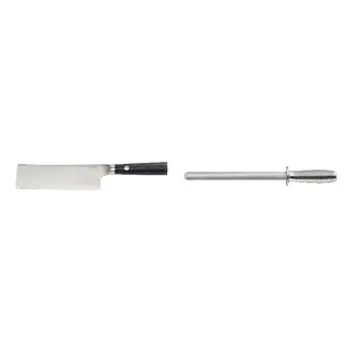 FJÄLLRÖDING/IKEA set: nakiri knife + sharpening rod, damascus steel/black + diamond steel stainless steel, 18 cm