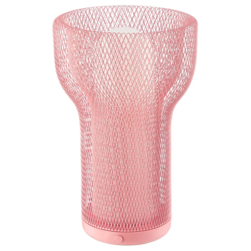 Pink mesh lamp, cylindrical, modern design. Made from steel, plastic.