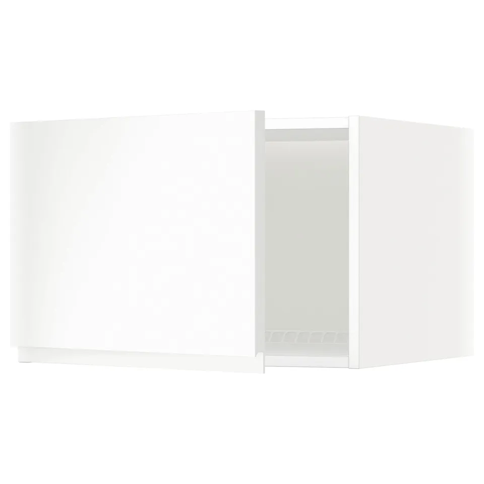 A white METOD kitchen cabinet with a minimalist design and integrated handles, featuring a modern and sleek aesthetic.