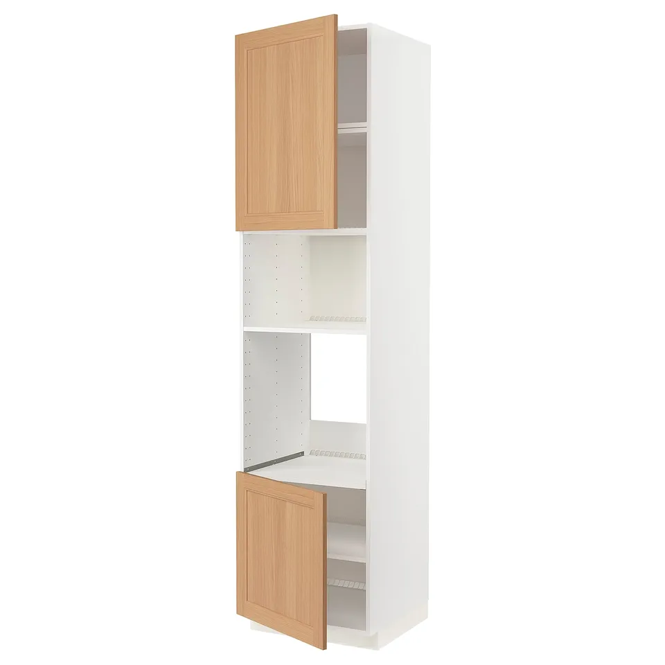 Ikea METOD white kitchen cabinet with oak doors, tall, open.