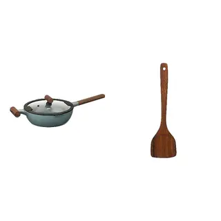 HULDHET/KLIPPFISK set: sauté pan with lid + wok spatula, non-stick coating glass/wood grey-turquoise + walnut, 24 cm
