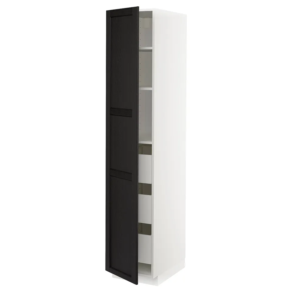 White METOD kitchen cabinet with black stained door, adjustable shelf, and bevelled edges.