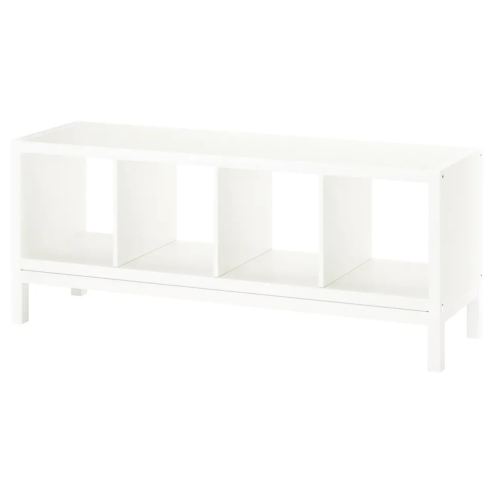 White KALLAX shelving unit, modern, clean design, rectangular shape, open compartments.