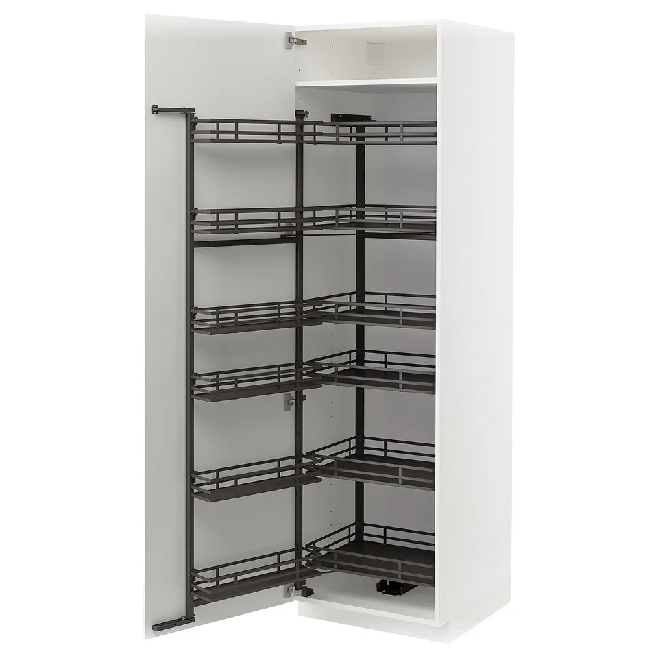 White METOD cabinet with black pull-out shelves.