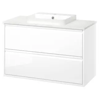 ÄNGSJÖN / BACKSJÖN wash-stnd w drawers/wash-basin, high-gloss white/white marble effect, 102x49x71 cm