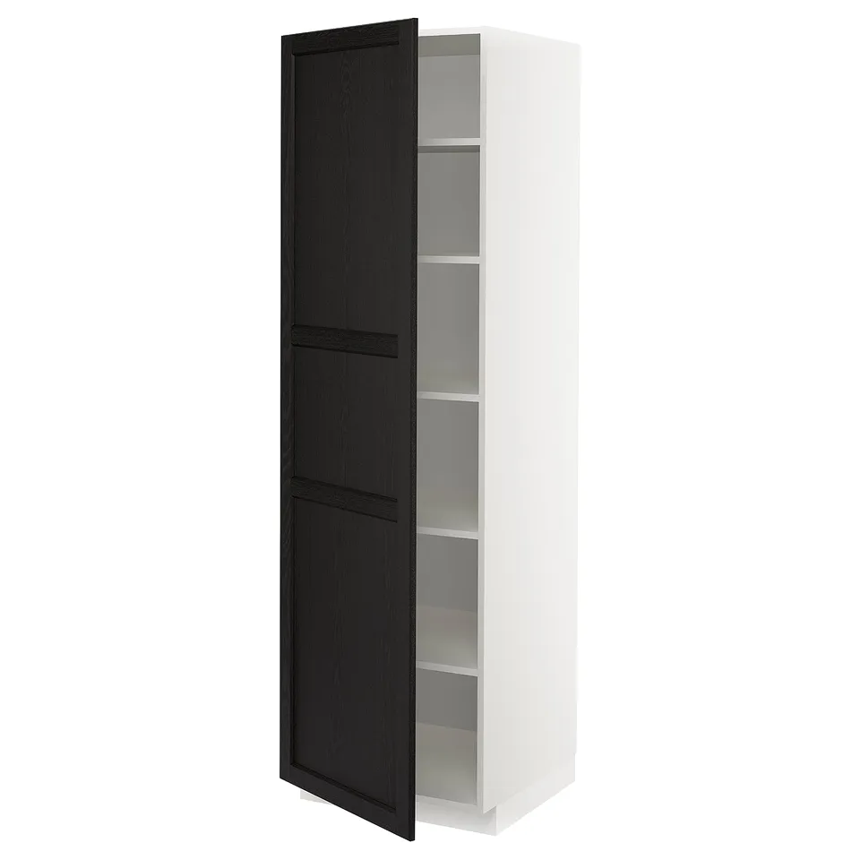 Ikea METOD white cabinet, black door, tall, three shelves.