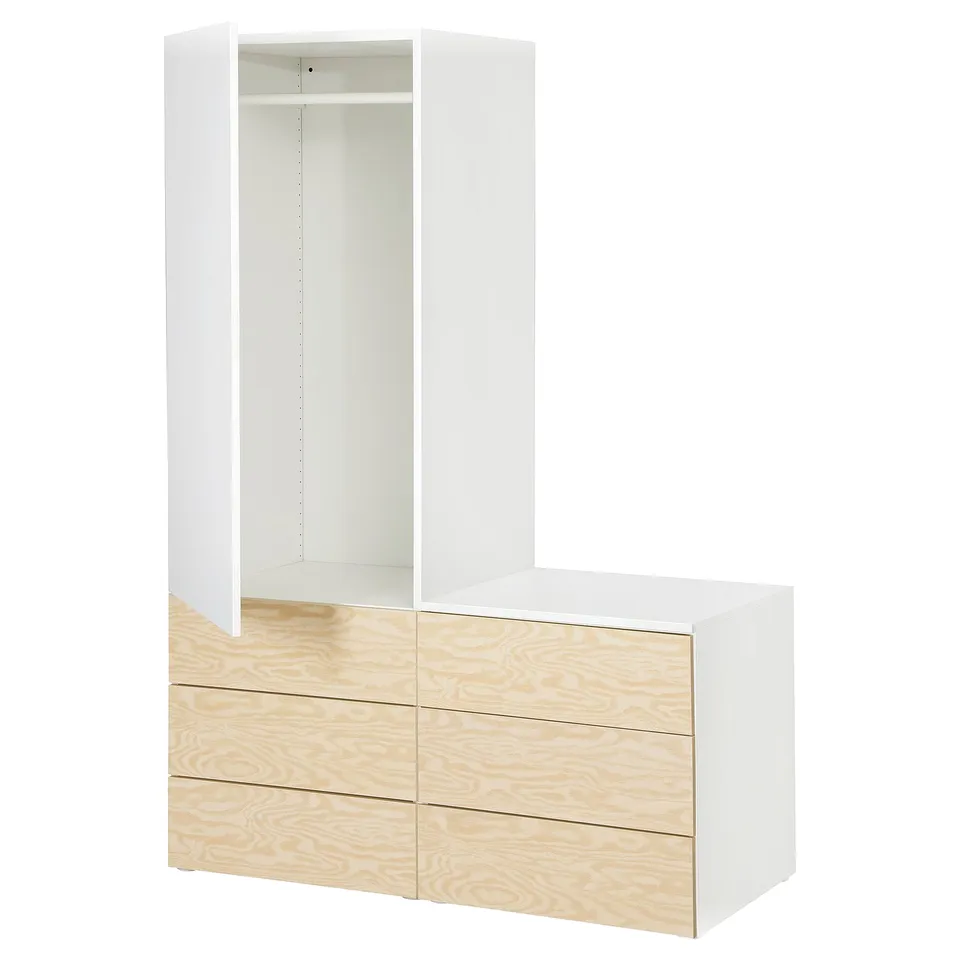 White PLATSA storage with wooden drawers and open shelves.
