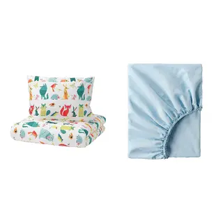 BRUKSVARA/LATTJO set: duvet cover and pillowcase + fitted sheet, animal/multicolour + blue, 150x200/50x80 cm