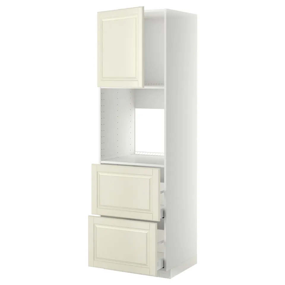 An off-white METOD kitchen cabinet with a traditional design, featuring a door and two drawers with bevelled edges.