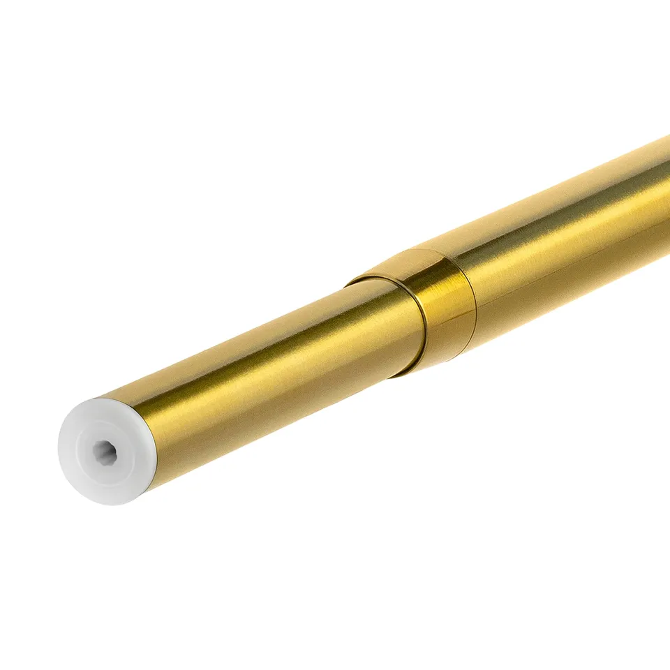 Golden metal curtain rod with adjustable length and white plastic sleeve, high-quality finish.