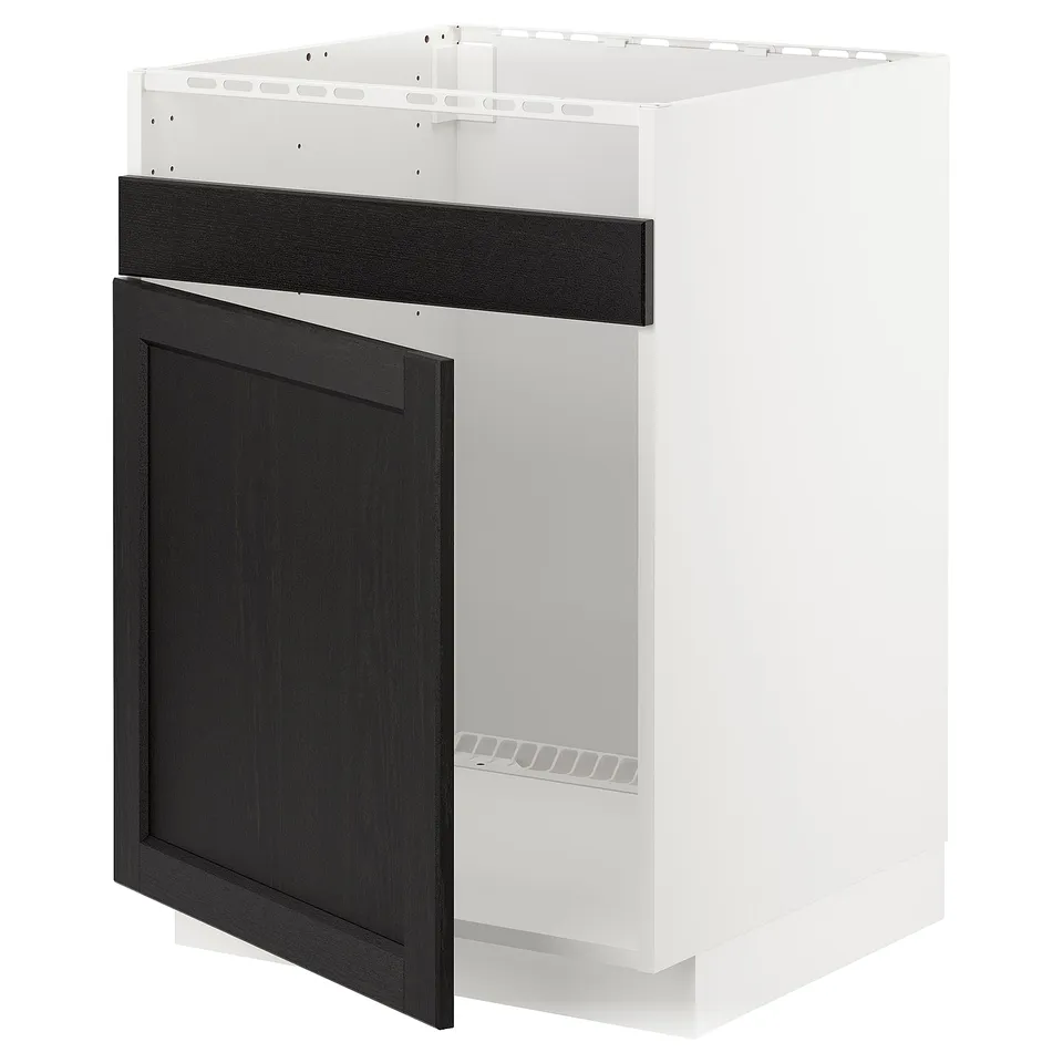 Black & white METOD kitchen cabinet with stained ash door and modern design.
