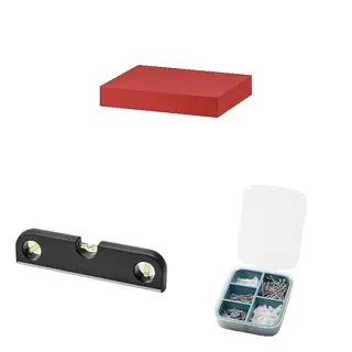 LACK/TRIXIG set: wall shelf + spirit level + 175-piece screw and plug set, red, 30x26 cm