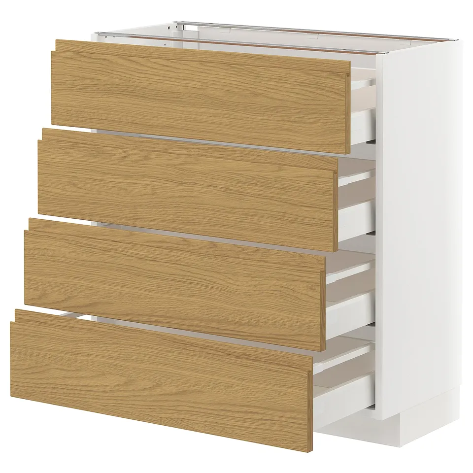 White and oak kitchen unit with four drawers.