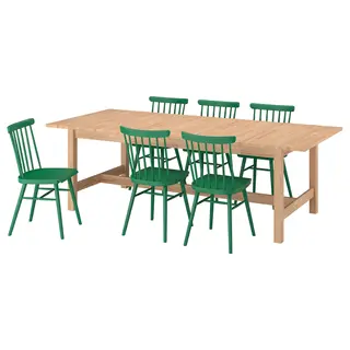 KARSKÄR / HÖGVED table and 6 chairs, rubberwood/green, 240/300x100 cm