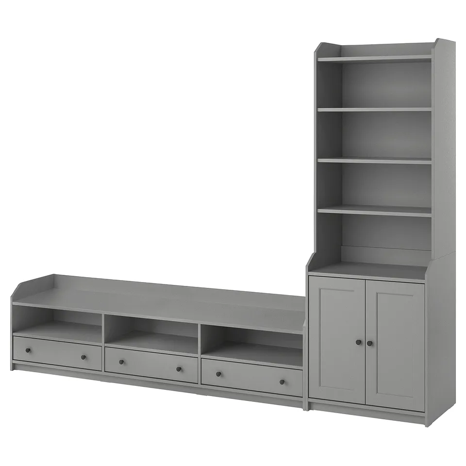 Grey HAUGA furniture: tv bench with drawers & open shelf, tall cabinet with storage & top shelves