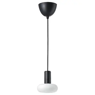 SUNNEBY / MOLNART pendant lamp with light bulb, black/donut-shaped opal white, 2400 K 150 mm