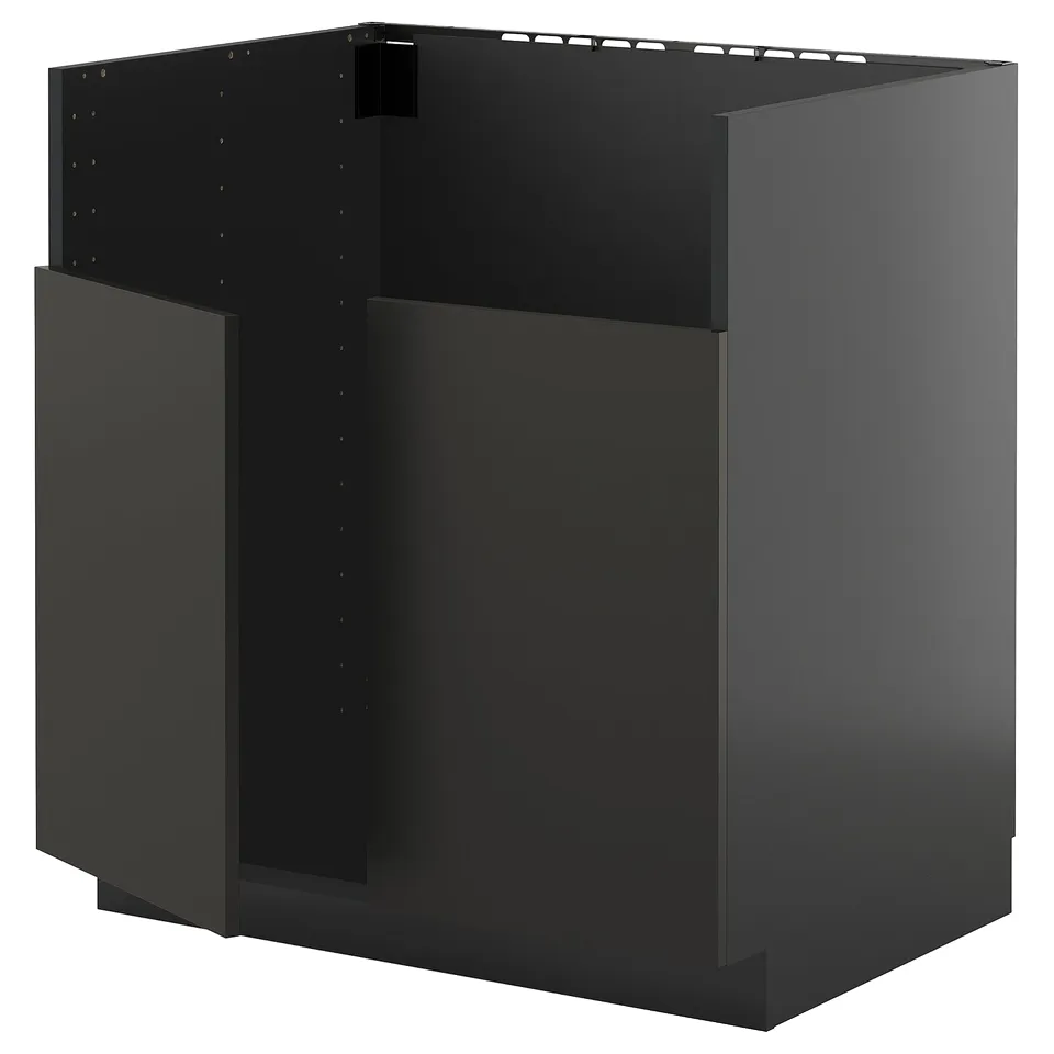 Black kitchen cabinet unit, modern design, square shape, crafted from particleboard.