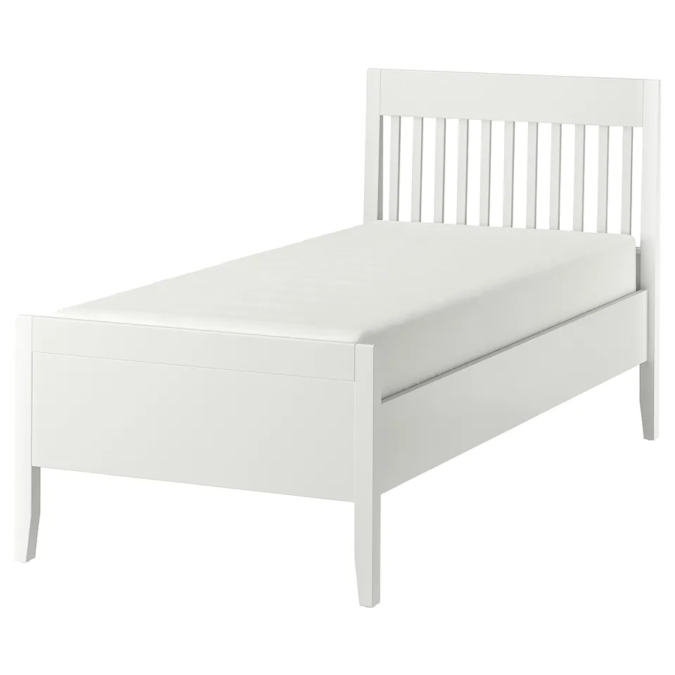 IDANÄS bed, white. Simple design, wooden headboard, and footboard, ideal for various mattress thicknesses.
