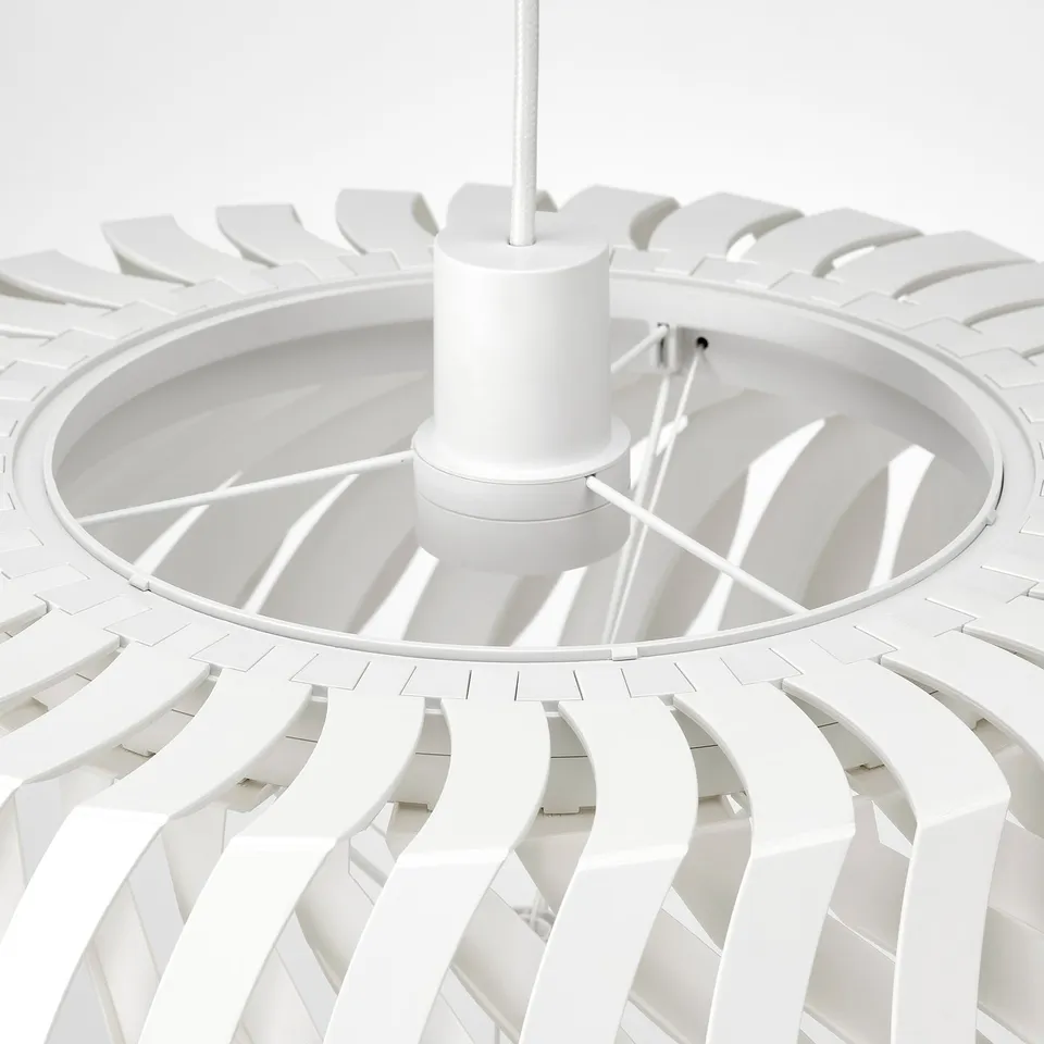 White pendant lamp with adjustable flower-like shade, central column and strings for shaping. Modern and minimalist design.
