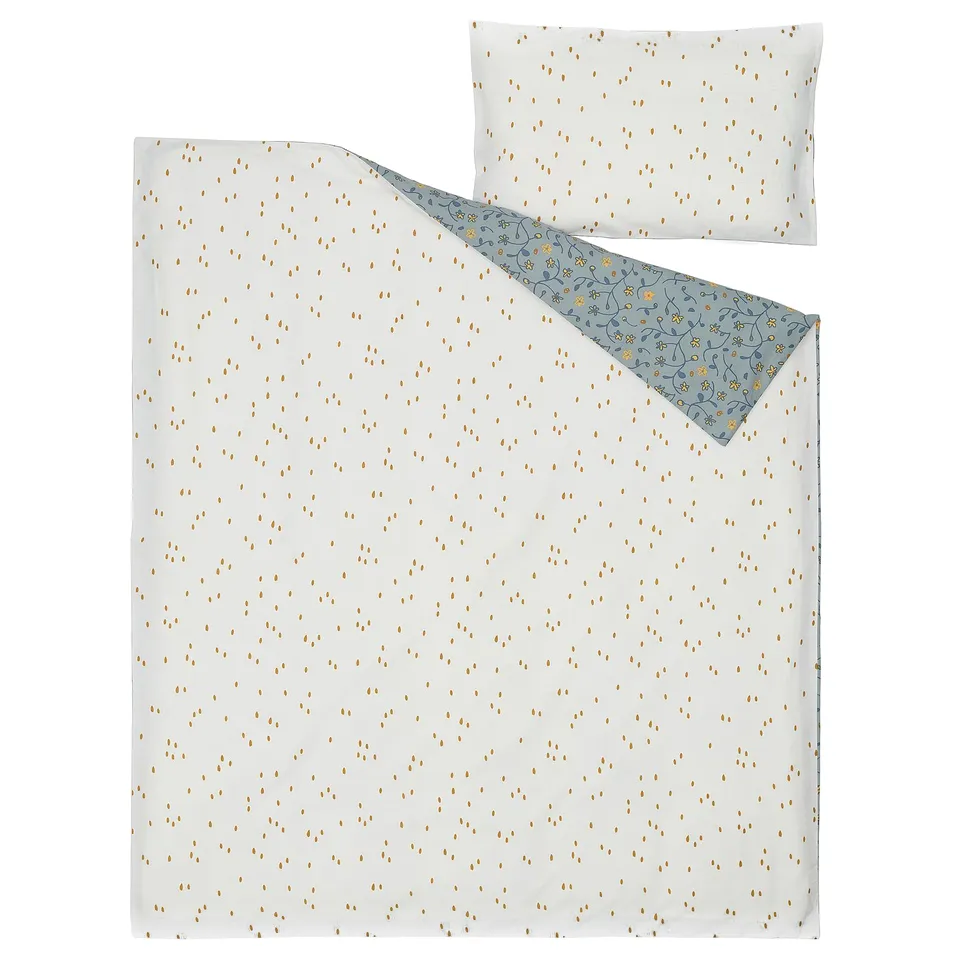 Babys duvet & pillowcase GULDVÄVARE with blue flowers & white dots, 100% organic cotton.
