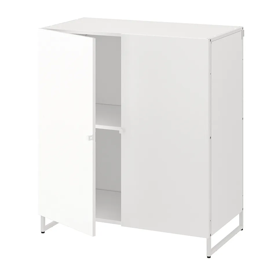 A white JOSTEIN storage cabinet made of steel, ideal for balconies and humid areas. It a rectangular design with one large shelf and a single door.