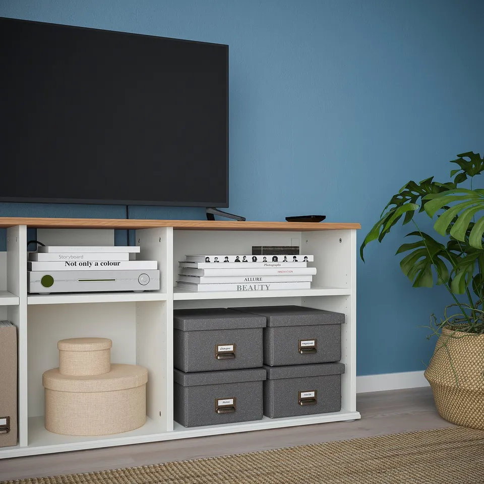 Modern tv stand with open/closed storage, flat screen tv, books, and plant.
